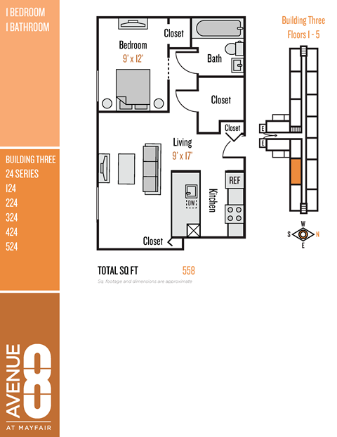 Floor plan for 1 bed, 1 bath, 558 sqft